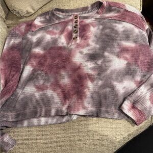 SO Cropped Tie Dye Waffle Knit Top Small Pink Purple Long Sleeve